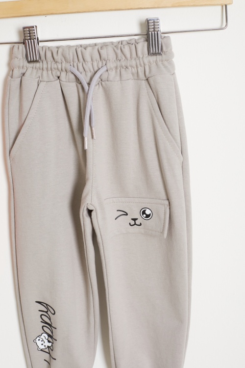 Kedi Baskılı Lastikli Paça Kız Çocuk 2li Eşofman Altı Bej-Turuncu 18378