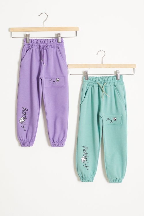 Kedi Baskılı Lastikli Paça Kız Çocuk 2li Eşofman Altı Lila-Yeşil 18375