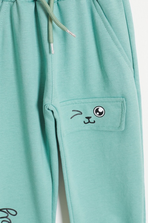 Kedi Baskılı Lastikli Paça Kız Çocuk 2li Eşofman Altı Lila-Yeşil 18375