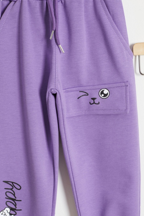 Kedi Baskılı Lastikli Paça Kız Çocuk 2li Eşofman Altı Lila-Yeşil 18375