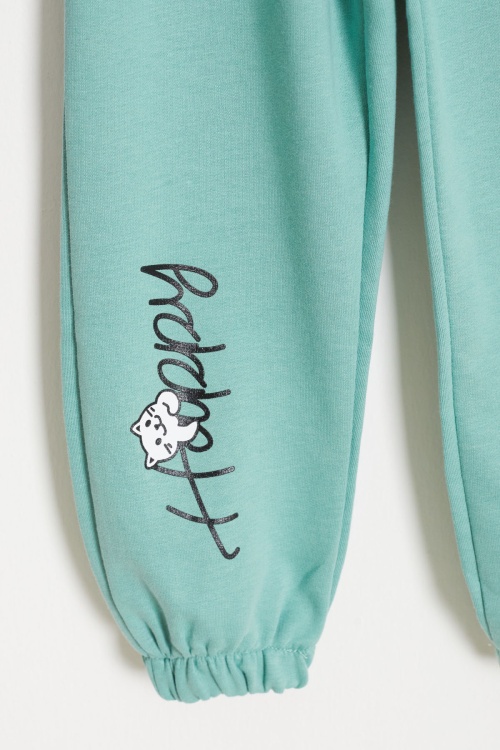 Kedi Baskılı Lastikli Paça Kız Çocuk 2li Eşofman Altı Lila-Yeşil 18375