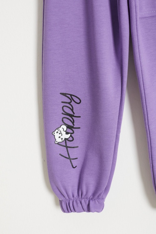 Kedi Baskılı Lastikli Paça Kız Çocuk 2li Eşofman Altı Lila-Yeşil 18375