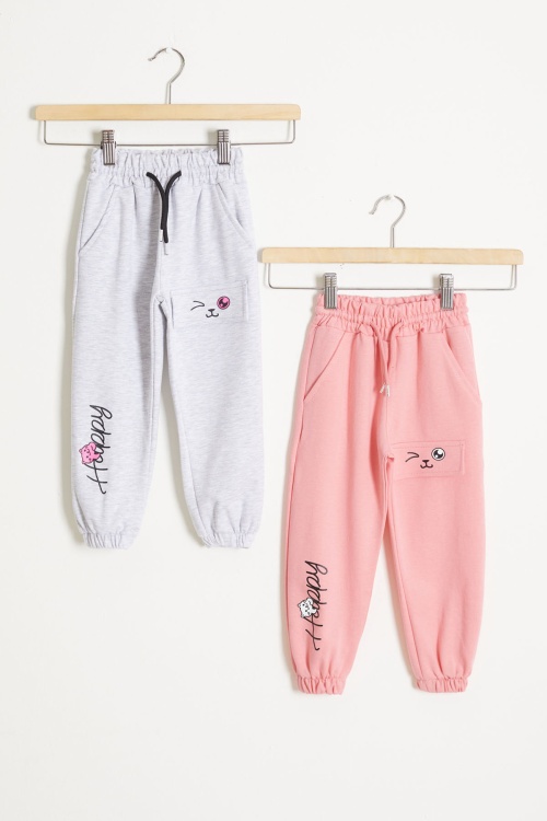 Kedi Baskılı Lastikli Paça Kız Çocuk 2li Eşofman Altı Pembe-Gri 18377