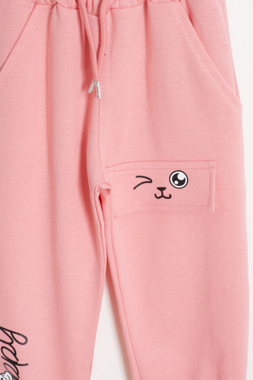 Kedi Baskılı Lastikli Paça Kız Çocuk 2li Eşofman Altı Pembe-Gri 18377