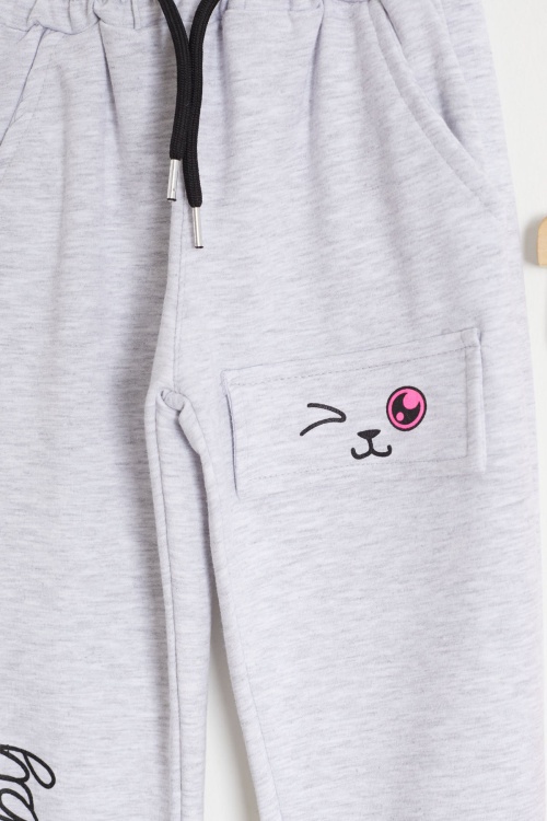 Kedi Baskılı Lastikli Paça Kız Çocuk 2li Eşofman Altı Pembe-Gri 18377