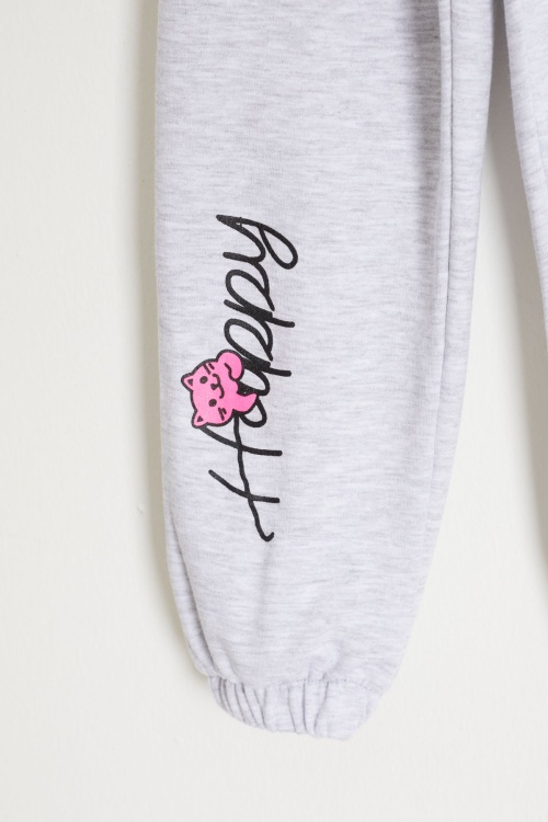 Kedi Baskılı Lastikli Paça Kız Çocuk 2li Eşofman Altı Pembe-Gri 18377