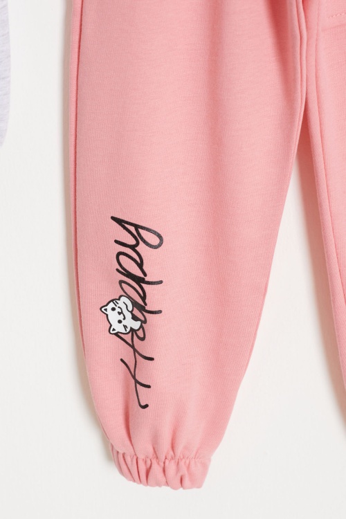 Kedi Baskılı Lastikli Paça Kız Çocuk 2li Eşofman Altı Pembe-Gri 18377