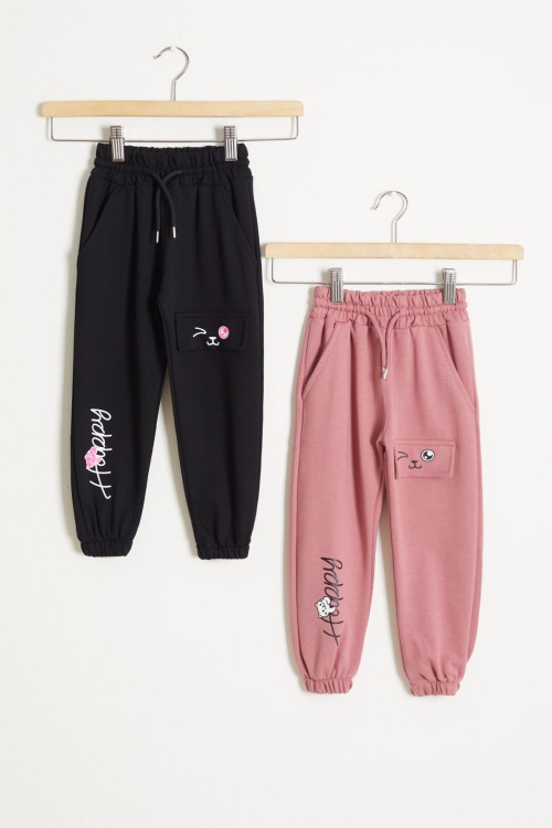 Kedi Baskılı Lastikli Paça Kız Çocuk 2li Eşofman Altı Siyah-Gül Kurusu 18376