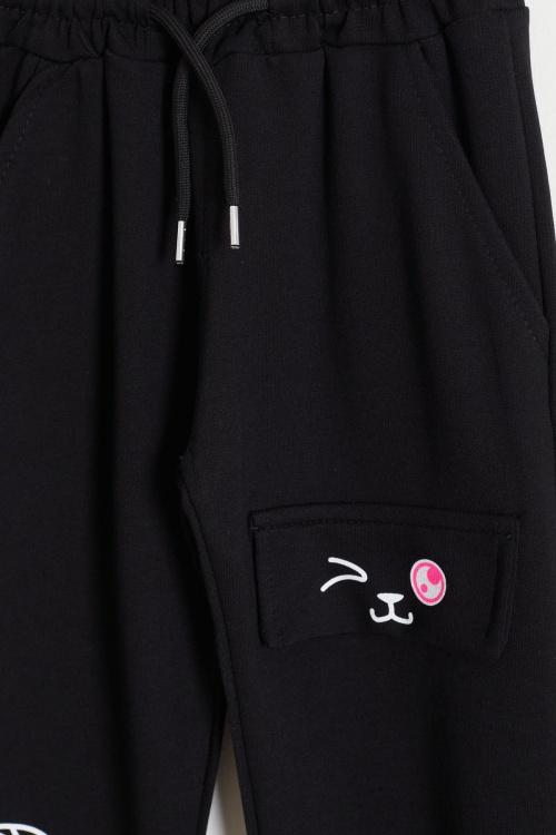 Kedi Baskılı Lastikli Paça Kız Çocuk 2li Eşofman Altı Siyah-Gül Kurusu 18376