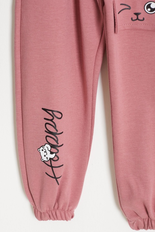 Kedi Baskılı Lastikli Paça Kız Çocuk 2li Eşofman Altı Siyah-Gül Kurusu 18376