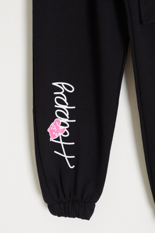 Kedi Baskılı Lastikli Paça Kız Çocuk 2li Eşofman Altı Siyah-Gül Kurusu 18376