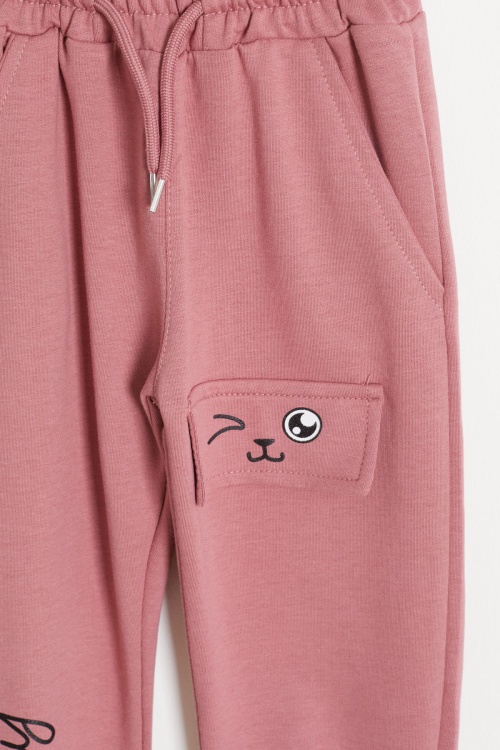 Kedi Baskılı Lastikli Paça Kız Çocuk 2li Eşofman Altı Siyah-Gül Kurusu 18376