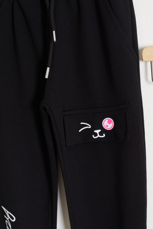 Kedi Baskılı Lastikli Paça Kız Çocuk 2li Eşofman Altı Siyah-Turuncu 18374