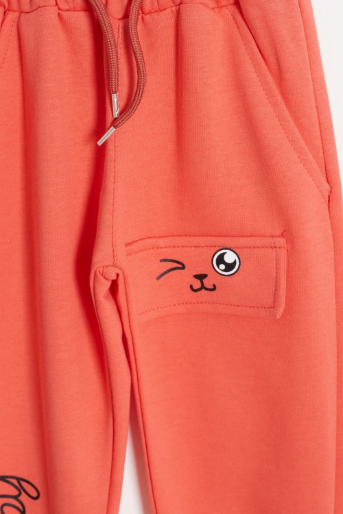 Kedi Baskılı Lastikli Paça Kız Çocuk 2li Eşofman Altı Siyah-Turuncu 18374