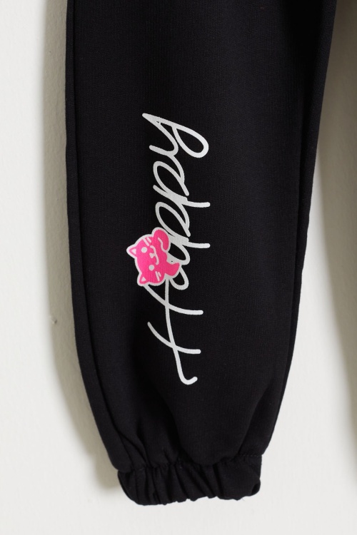 Kedi Baskılı Lastikli Paça Kız Çocuk 2li Eşofman Altı Siyah-Turuncu 18374