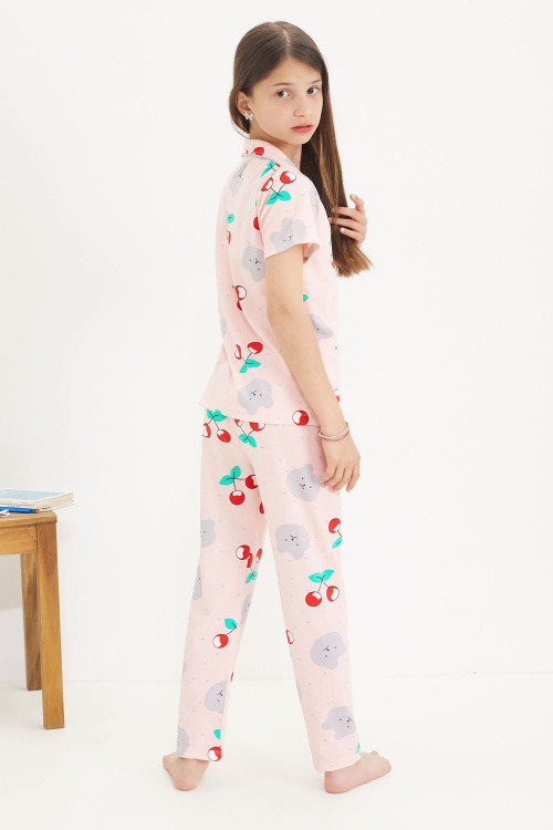 Kiraz Desenli Kısa Kol Kız Çocuk Göz Bantlı Pijama Takımı 18654