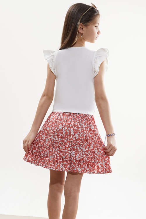 Kiremit Çiçek Desenli Etekli Baskılı Tişörtlü Kız Çocuk Takım 18508