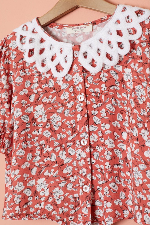 Kiremit Çiçek Desenli Fularlı Bluzlu Kız Çocuk İspanyol Pantolonlu Takım 18464