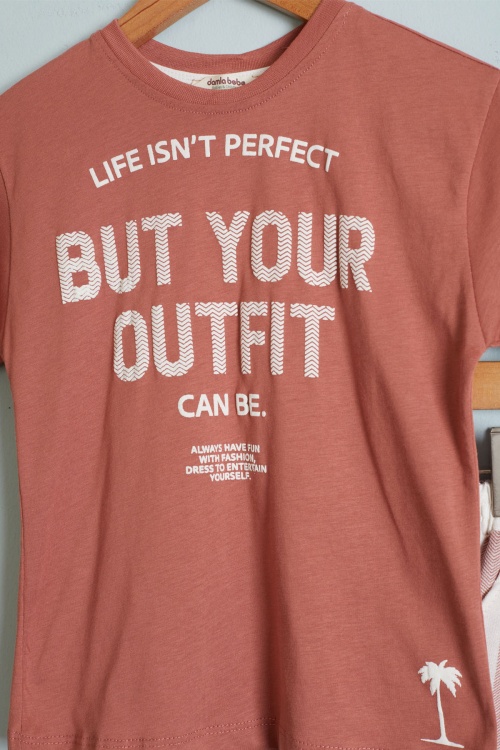 Kiremit Outfit Baskılı Tişörtlü Erkek Çocuk Şortlu Takım 18459