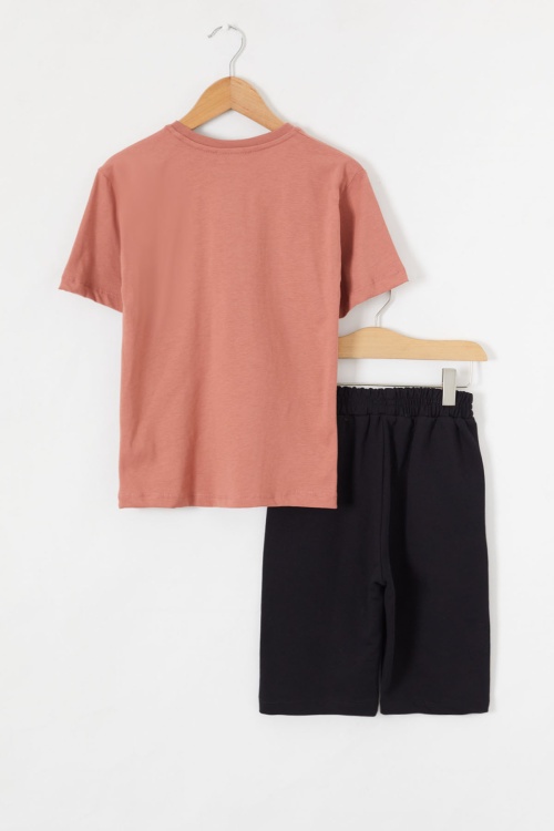 Kiremit Yazı Baskılı Göğüs Cepli Erkek Çocuk Şortlu Takım 18617