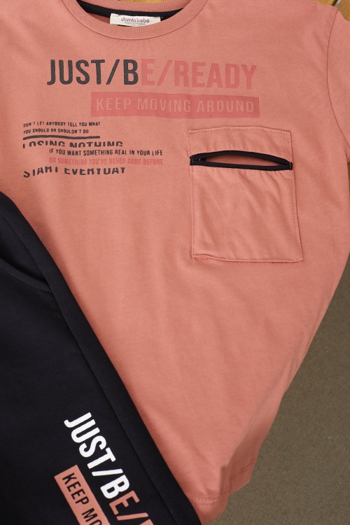 Kiremit Yazı Baskılı Göğüs Cepli Erkek Çocuk Şortlu Takım 18617