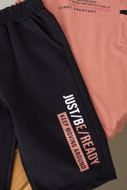 Kiremit Yazı Baskılı Göğüs Cepli Erkek Çocuk Şortlu Takım 18617