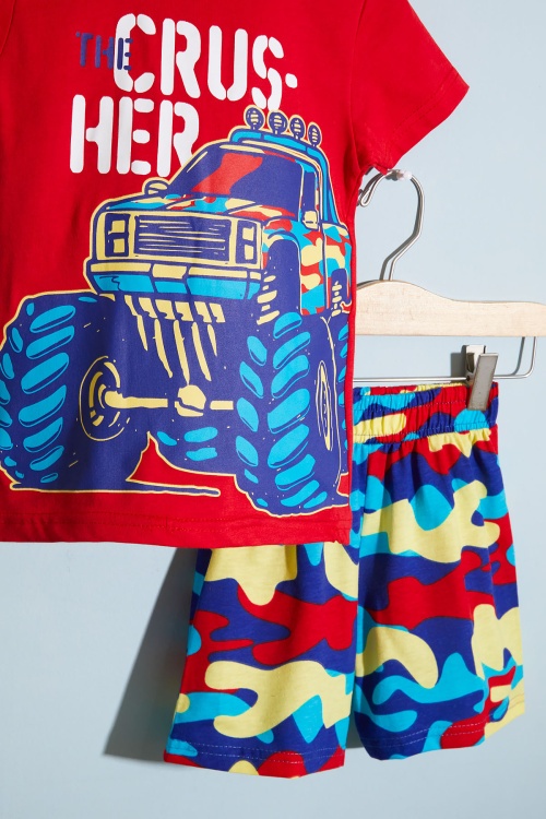 Kırmızı Canavar Kamyon Baskılı Erkek Çocuk Şortlu Tişörtlü Takım 18661