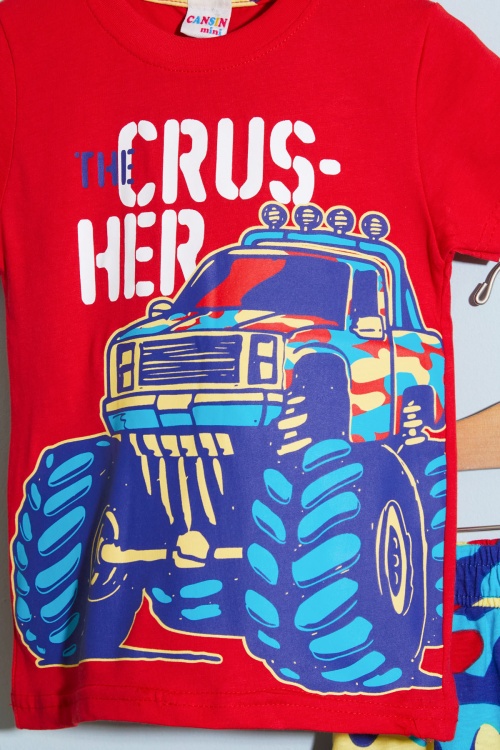 Kırmızı Canavar Kamyon Baskılı Erkek Çocuk Şortlu Tişörtlü Takım 18661