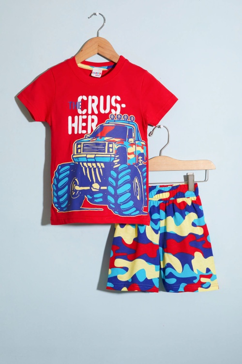 Kırmızı Canavar Kamyon Baskılı Erkek Çocuk Şortlu Tişörtlü Takım 18661