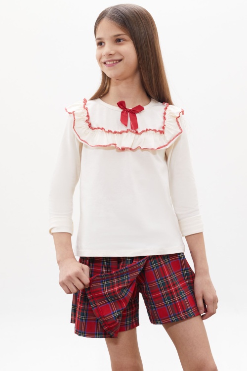 Kırmızı Ekose Desenli Şort Etekli Fiyonklu Bluzlu Kız Çocuk Takım 18268