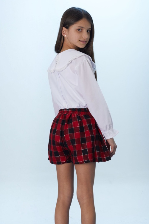 Kırmızı Kare Desenli Şort Etekli Fiyonklu Gömlekli Kız Çocuk Takım 18399