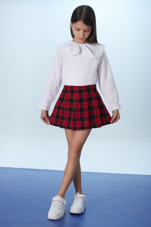 Kırmızı Kare Desenli Şort Etekli Fiyonklu Gömlekli Kız Çocuk Takım 18399