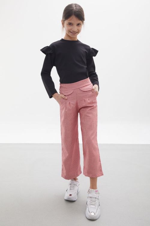 Kırmızı Kazayağı Desenli Pantolonlu Bluzlu Kız Çocuk Takım 17972