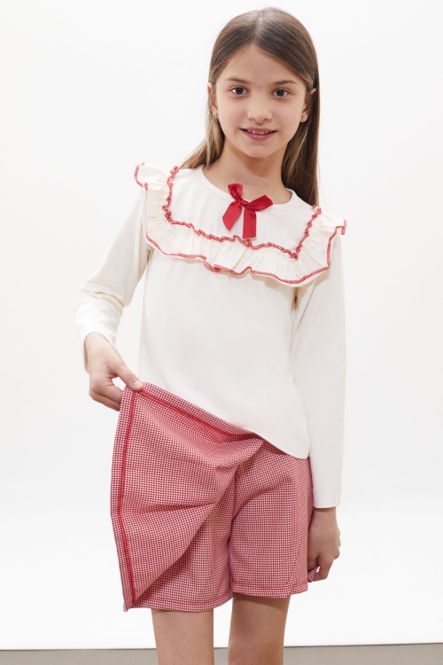 Kırmızı Kazayağı Desenli Şort Etekli Fiyonklu Bluzlu Kız Çocuk Takım 18266