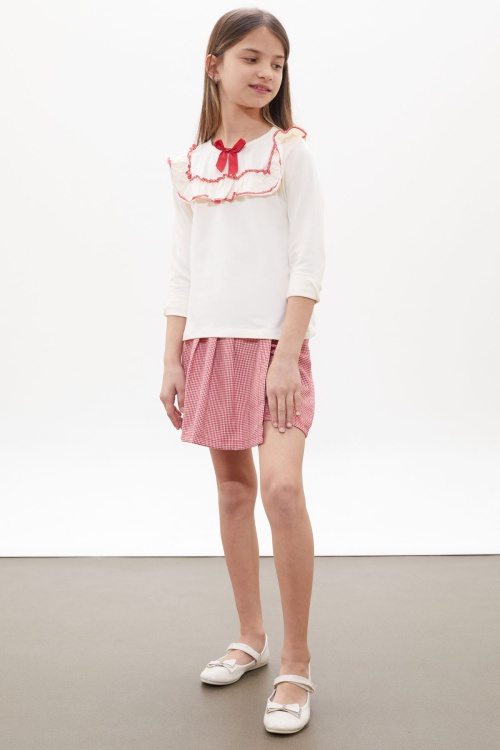 Kırmızı Kazayağı Desenli Şort Etekli Fiyonklu Bluzlu Kız Çocuk Takım 18266