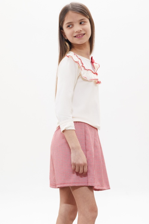 Kırmızı Kazayağı Desenli Şort Etekli Fiyonklu Bluzlu Kız Çocuk Takım 18266