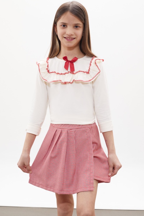 Kırmızı Kazayağı Desenli Şort Etekli Fiyonklu Bluzlu Kız Çocuk Takım 18266