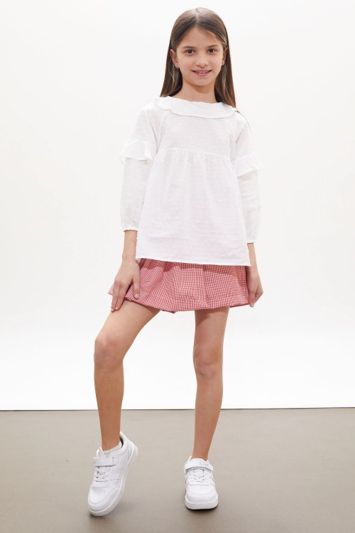 Kırmızı Kazayağı Desenli Şort Etekli Gömlekli Kız Takım 18261