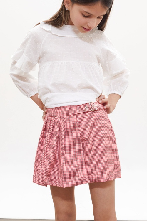 Kırmızı Kazayağı Desenli Şort Etekli Gömlekli Kız Takım 18261