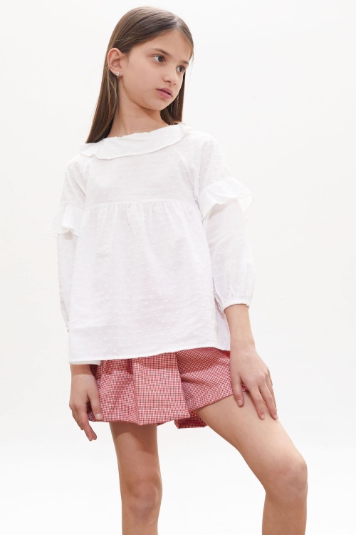 Kırmızı Kazayağı Desenli Şort Etekli Gömlekli Kız Takım 18261