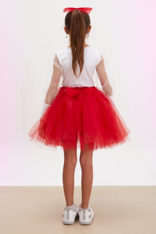 Kırmızı Tütü Etekli Kolları Tüllü Bluzlu Kız Çocuk Elbise Takımı 17732