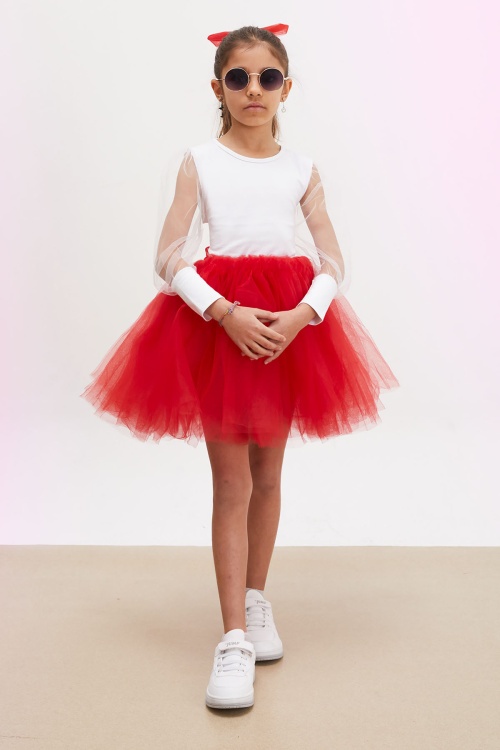 Kırmızı Tütü Etekli Kolları Tüllü Bluzlu Kız Çocuk Elbise Takımı 17732