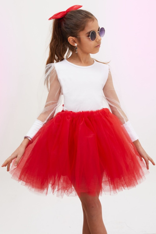 Kırmızı Tütü Etekli Kolları Tüllü Bluzlu Kız Çocuk Elbise Takımı 17732