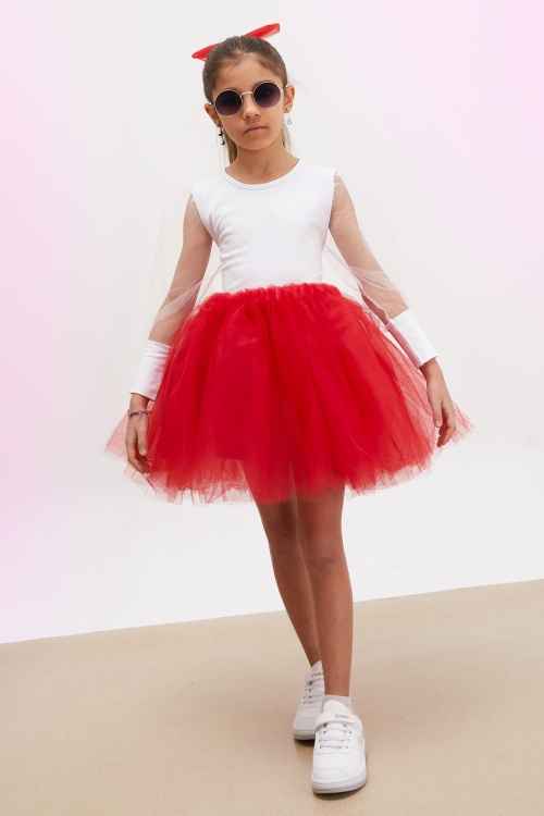 Kırmızı Tütü Etekli Kolları Tüllü Bluzlu Kız Çocuk Elbise Takımı 17732