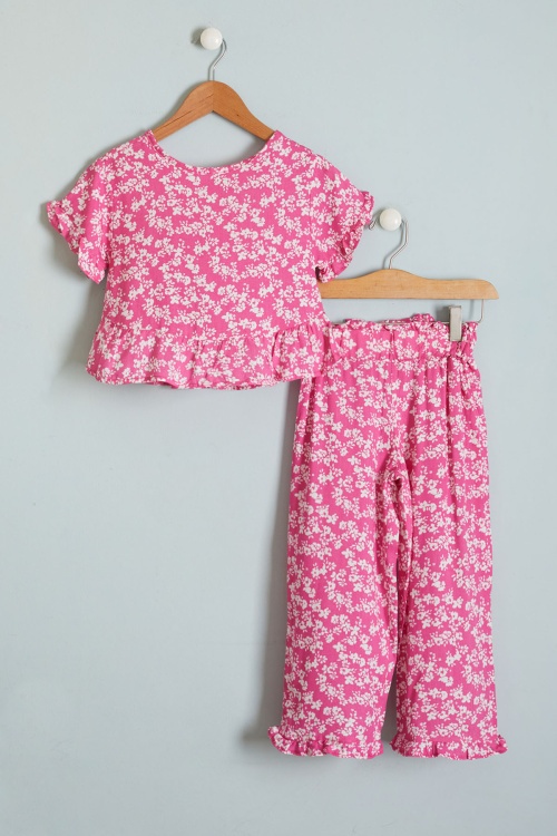 Kız Çocuk Çiçek Desenli Fuşya Bluzlu Pantolonlu Takım 18511