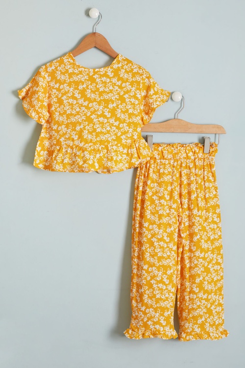 Kız Çocuk Çiçek Desenli Sarı Bluzlu Pantolonlu Takım 18514