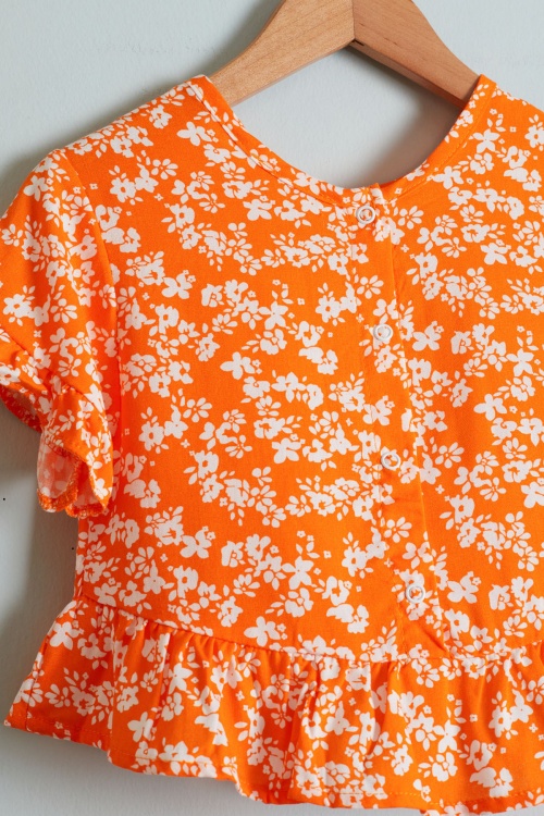 Kız Çocuk Çiçek Desenli Turuncu Bluzlu Pantolonlu Takım 18510