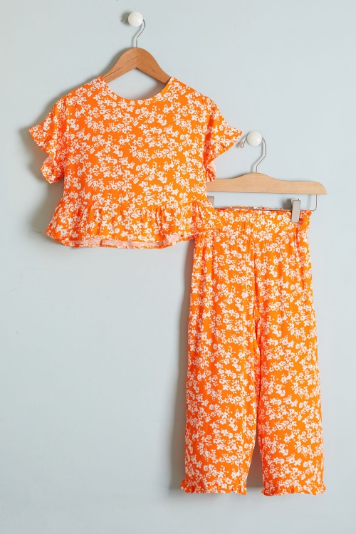 Kız Çocuk Çiçek Desenli Turuncu Bluzlu Pantolonlu Takım 18510
