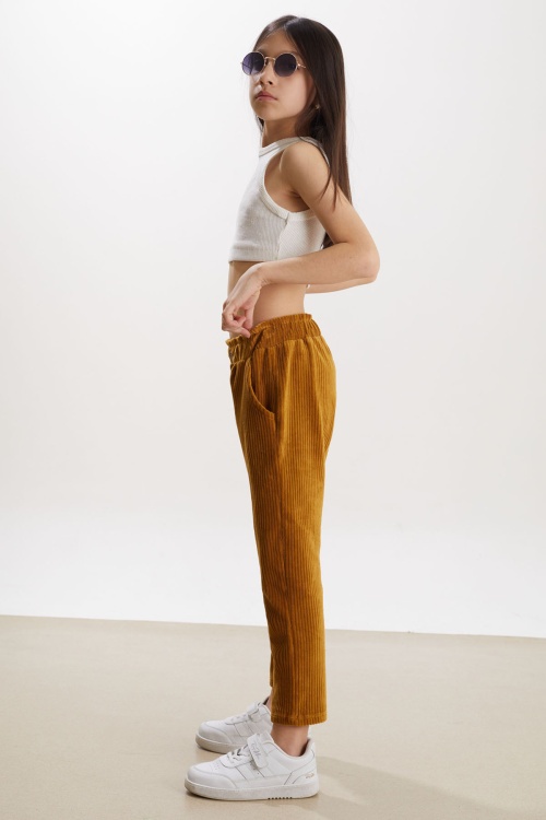 Kız Çocuk Hardal Düğme Detaylı Kadife Pantolon 18379