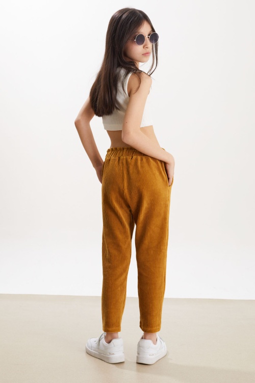 Kız Çocuk Hardal Düğme Detaylı Kadife Pantolon 18379